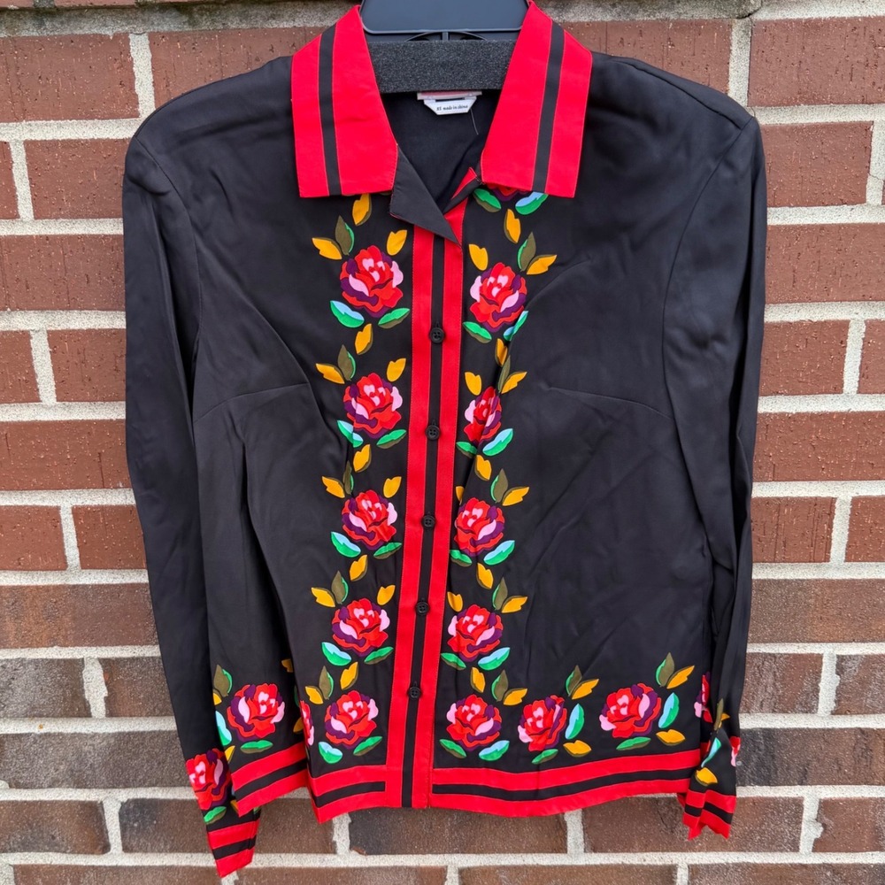 Kate Spade New York Sz XS Rose Border Silk Blend Shirt Black Red Floral K9704 - Picture 2 of 14